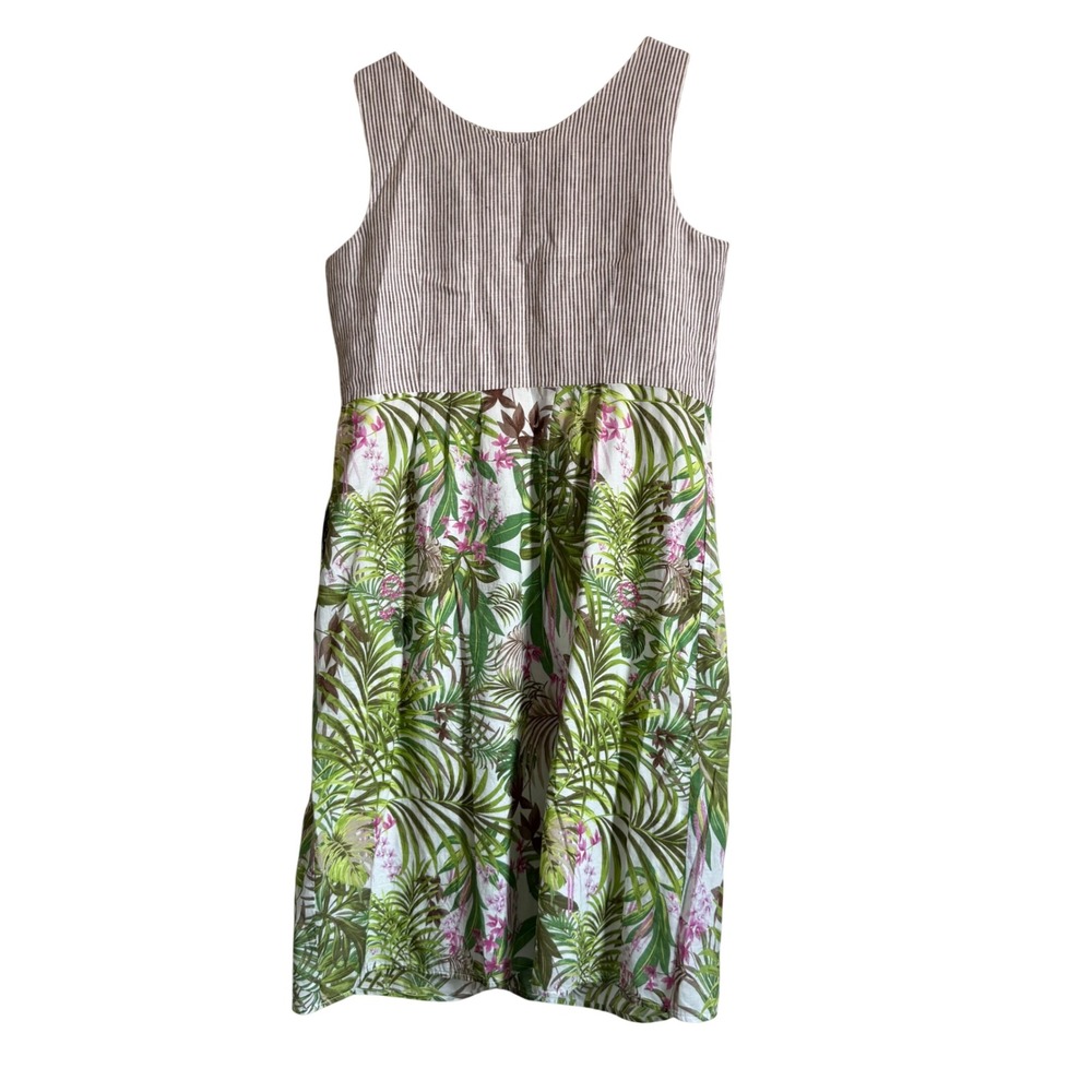 J. Jill Linen Cotton Tropical Floral Striped Midi Vacation Dress Tan Green M - Picture 4 of 11